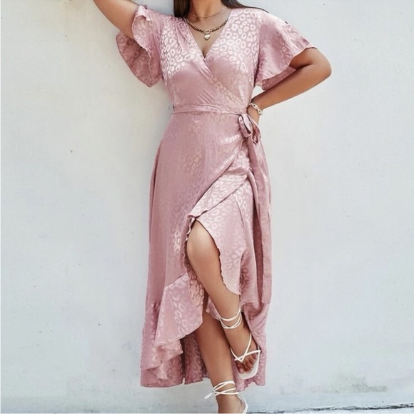 Luxe plus size leopard print jacquard satin wrap maxi dress. Gently worn once. - Picture 2 of 4